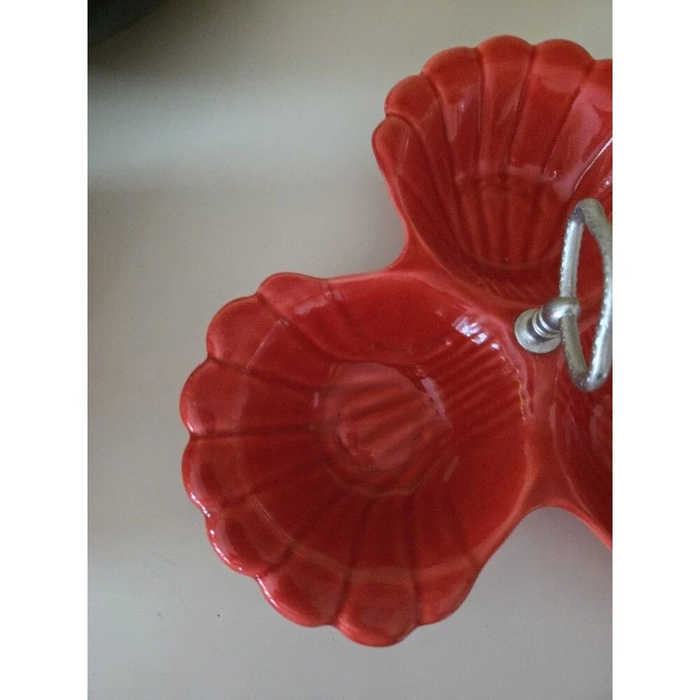 Candy/Nut Dish California Pottery~3 Section~~Orange With Ornate Handle~#41